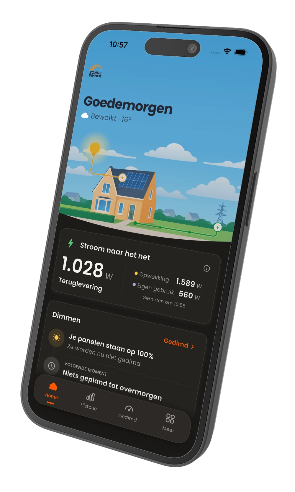 De Zonnedimmer-app toont je opwek, verbruik en dimmomenten.