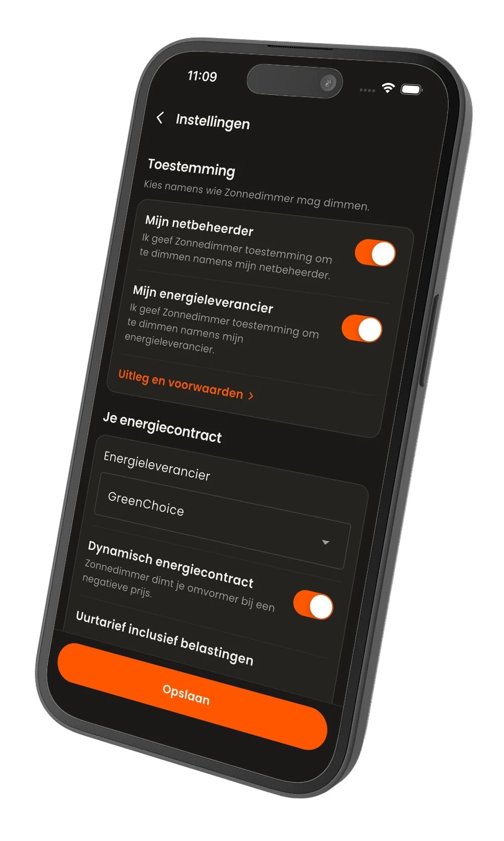 Het instellingenscherm in de app, waar je het dimmen bij een negatieve prijs instelt.