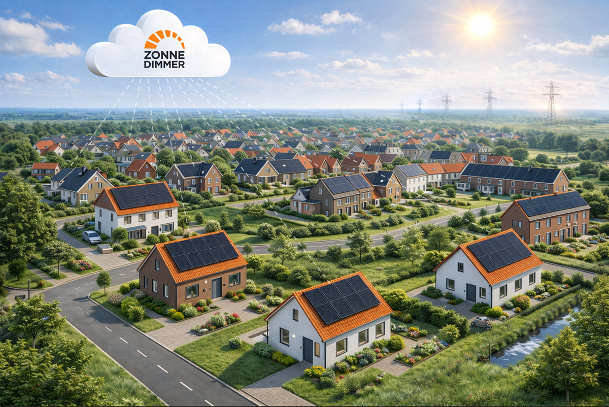 Een wijk met zonnepanelen op de daken, verbonden met Zonnedimmer in de cloud