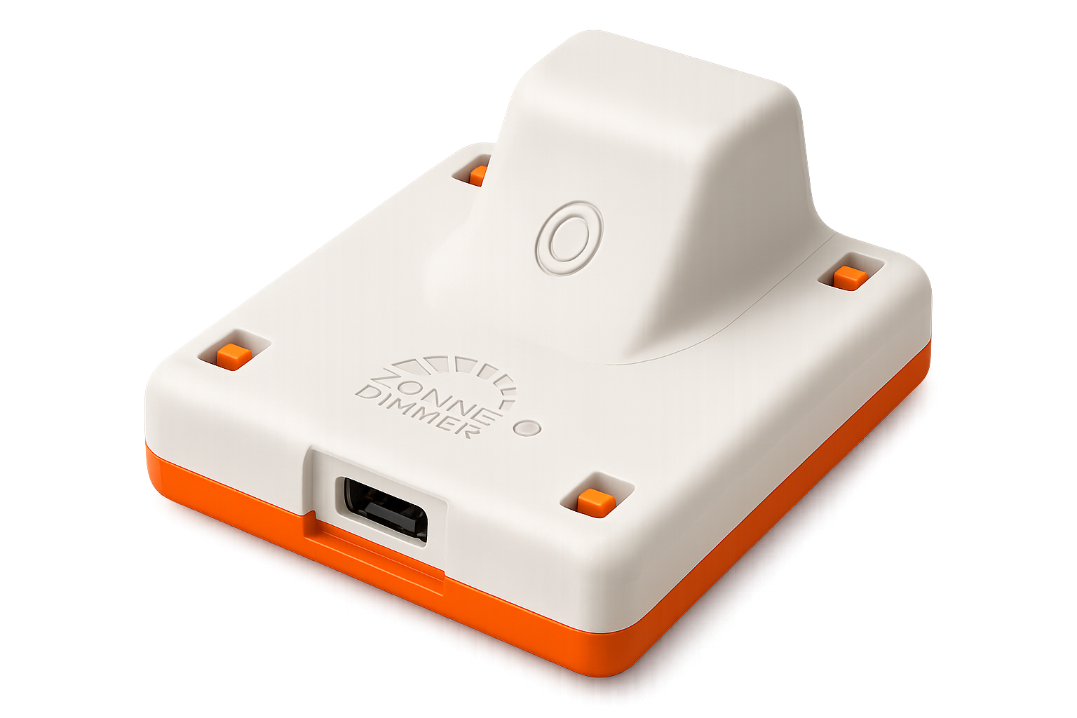 De Zonnedimmer dongel: een wit kastje met een oranje onderkant en een USB-C-aansluiting.